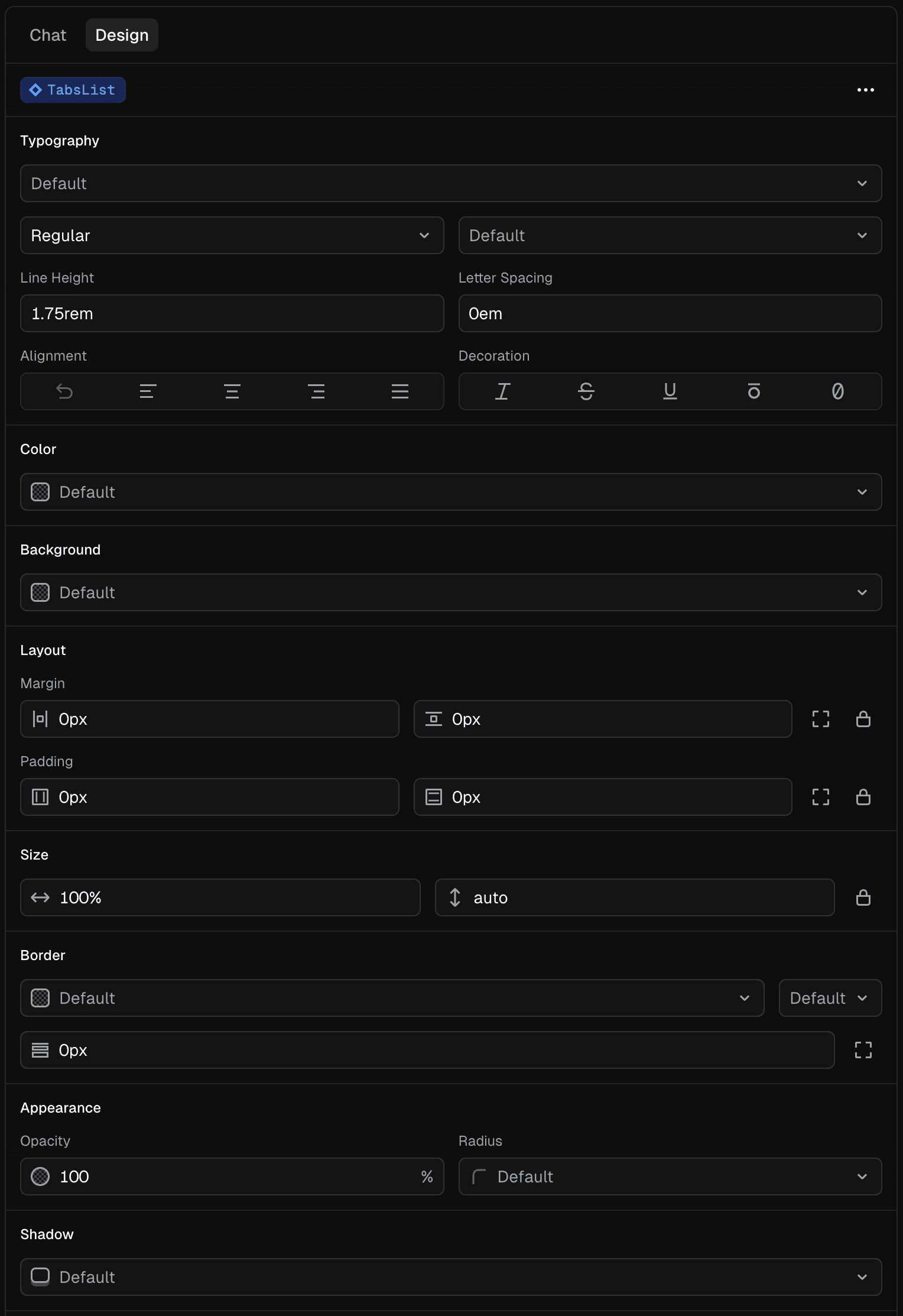 Design panel controls