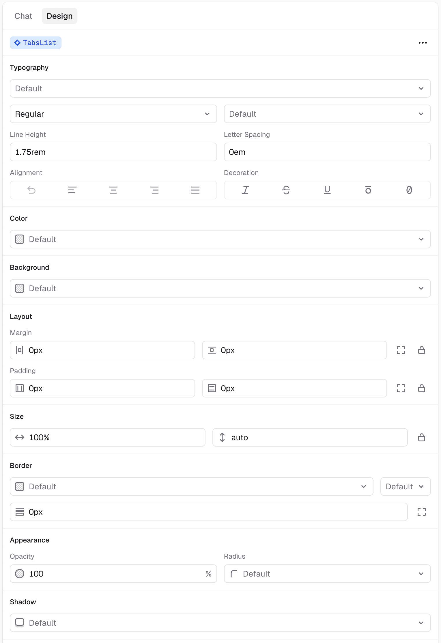 Design panel controls